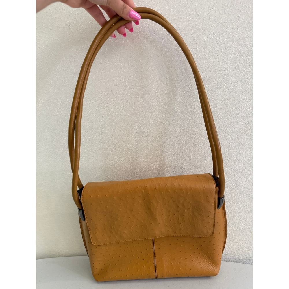 Ostrich Embossed Leather Shoulder Bag Cognac Tan Flap Handbag with Multi Pockets